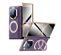 Étui en Cuir Véritable for Huawei Mate X7, Protecteur De Charnière De Caméra D'écran Intégré, Coque De Luxe À Bords Galvanisés, Couverture De Béquille À Anneau Magnétique(Purple)