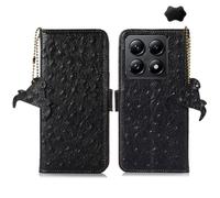 Étui En Cuir Véritable Rfid Pour Xiaomi 14t - Motif Autruche, Noir
