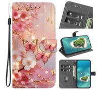 Etui en PU 360 Full Cuir pour Oppo A6T Coque Flip Case Housse à Rabat Portefeuille Étui et Silicone Interne Cover Poche Motif Lumières, Rose, Papillons, Fleurs de pêcher