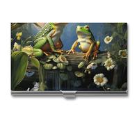 Étui fin en alliage d'aluminium pour cartes de visite de nombreuses grenouilles chantant sur les branches de l'été, papillons, lac, eau, poche ou sac de rangement, bureau