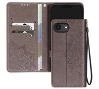 Etui Fleurs Mandala pour iPhone 16e Portefeuille Dragonne Gris