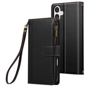 Etui Folio pour iPhone 16 à Zip avec Bandoulière Amovible Noir