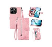 Etui FOXDOCK Portefeuille Honor 200 Smart avec Compartiment Zip, Porte-Cartes Magnétique et Dragonne - Housse Multifonction-Rose