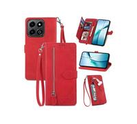Etui FOXDOCK Portefeuille Honor 200 Smart avec Compartiment Zip, Porte-Cartes Magnétique et Dragonne - Housse Multifonction-Rouge