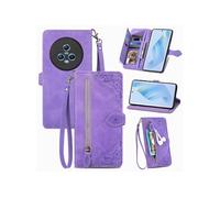 Etui FOXDOCK Portefeuille Honor Magic 5 avec Compartiment Zip, Porte-Cartes Magnétique et Dragonne - Housse Multifonction-Violet