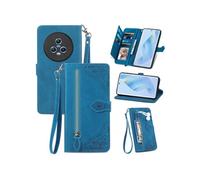 Etui FOXDOCK Portefeuille Honor Magic 5 avec Compartiment Zip, Porte-Cartes Magnétique et Dragonne - Housse Multifonction-Bleu