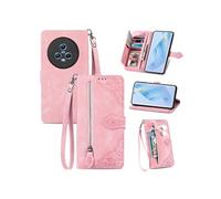 Etui FOXDOCK Portefeuille Honor Magic 5 avec Compartiment Zip, Porte-Cartes Magnétique et Dragonne - Housse Multifonction-Rose