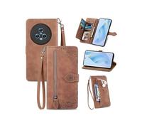 Etui FOXDOCK Portefeuille Honor Magic 5 avec Compartiment Zip, Porte-Cartes Magnétique et Dragonne - Housse Multifonction-Marron