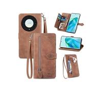 Etui FOXDOCK Portefeuille Honor Magic 5 Lite avec Compartiment Zip, Porte-Cartes Magnétique et Dragonne - Housse Multifonction-Marron