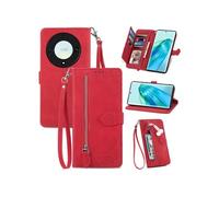 Etui FOXDOCK Portefeuille Honor Magic 5 Lite avec Compartiment Zip, Porte-Cartes Magnétique et Dragonne - Housse Multifonction-Rouge