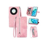 Etui FOXDOCK Portefeuille Honor Magic 5 Lite avec Compartiment Zip, Porte-Cartes Magnétique et Dragonne - Housse Multifonction-Rose