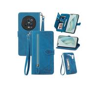 Etui FOXDOCK Portefeuille Honor Magic 5 Pro avec Compartiment Zip, Porte-Cartes Magnétique et Dragonne - Housse Multifonction-Bleu