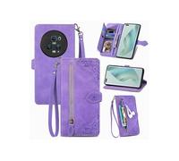 Etui FOXDOCK Portefeuille Honor Magic 5 Pro avec Compartiment Zip, Porte-Cartes Magnétique et Dragonne - Housse Multifonction-Violet