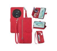 Etui FOXDOCK Portefeuille Honor Magic 5 Pro avec Compartiment Zip, Porte-Cartes Magnétique et Dragonne - Housse Multifonction-Rouge