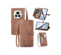 Etui FOXDOCK Portefeuille Honor Magic 6 Pro avec Compartiment Zip, Porte-Cartes Magnétique et Dragonne - Housse Multifonction-Marron