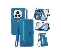 Etui FOXDOCK Portefeuille Honor Magic 6 Pro avec Compartiment Zip, Porte-Cartes Magnétique et Dragonne - Housse Multifonction-Bleu