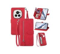 Etui FOXDOCK Portefeuille Honor Magic 6 Pro avec Compartiment Zip, Porte-Cartes Magnétique et Dragonne - Housse Multifonction-Rouge