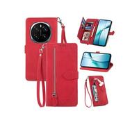 Etui FOXDOCK Portefeuille Honor Magic 7 avec Compartiment Zip, Porte-Cartes Magnétique et Dragonne - Housse Multifonction-Rouge