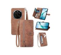 Etui FOXDOCK Portefeuille Honor Magic 7 avec Compartiment Zip, Porte-Cartes Magnétique et Dragonne - Housse Multifonction-Marron