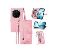 Etui FOXDOCK Portefeuille Honor Magic 7 avec Compartiment Zip, Porte-Cartes Magnétique et Dragonne - Housse Multifonction-Rose