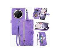 Etui FOXDOCK Portefeuille Honor Magic 7 Lite avec Compartiment Zip, Porte-Cartes Magnétique et Dragonne - Housse Multifonction-Violet