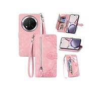Etui FOXDOCK Portefeuille Honor Magic 7 Lite avec Compartiment Zip, Porte-Cartes Magnétique et Dragonne - Housse Multifonction-Rose