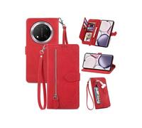 Etui FOXDOCK Portefeuille Honor Magic 7 Lite avec Compartiment Zip, Porte-Cartes Magnétique et Dragonne - Housse Multifonction-Rouge