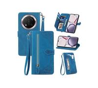 Etui FOXDOCK Portefeuille Honor Magic 7 Lite avec Compartiment Zip, Porte-Cartes Magnétique et Dragonne - Housse Multifonction-Bleu