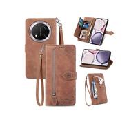 Etui FOXDOCK Portefeuille Honor Magic 7 Lite avec Compartiment Zip, Porte-Cartes Magnétique et Dragonne - Housse Multifonction-Marron