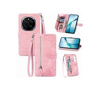 Etui FOXDOCK Portefeuille Honor Magic 7 Pro avec Compartiment Zip, Porte-Cartes Magnétique et Dragonne - Housse Multifonction-Rose