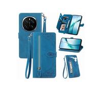 Etui FOXDOCK Portefeuille Honor Magic 7 Pro avec Compartiment Zip, Porte-Cartes Magnétique et Dragonne - Housse Multifonction-Bleu