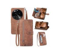 Etui FOXDOCK Portefeuille OPPO Find X6 Pro avec Compartiment Zip, Porte-Cartes Magnétique et Dragonne - Housse Multifonction-Marron