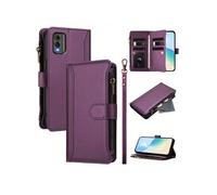 Etui FOXDOCK pour Nokia C32 de téléphone de portefeuille de poche à fermeture éclair en cuir premium avec 9 emplacements de carte et bracelet de