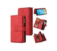Etui FOXDOCK pour OPPO A15/A15S en cuir PU avec fermeture magnétique, quinze emplacements pour cartes, poche zippée et support-Rouge