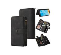 Etui FOXDOCK pour OPPO A15/A15S en cuir PU avec fermeture magnétique, quinze emplacements pour cartes, poche zippée et support-Noir