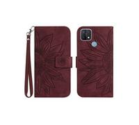 Etui FOXDOCK pour OPPO A15/A15S Sunflower en relief de portefeuille en cuir en relief avec support de carte compatible avec OPPO A15/A15S-Bourgogne
