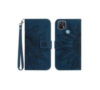 Etui FOXDOCK pour OPPO A15/A15S Sunflower en relief de portefeuille en cuir en relief avec support de carte compatible avec OPPO A15/A15S-Bleu foncé