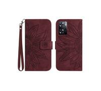 Etui FOXDOCK pour OPPO A57/A77 Sunflower en relief de portefeuille en cuir en relief avec support de carte compatible avec OPPO A57/A77-Bourgogne