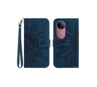 Etui FOXDOCK pour VIVO V50 5G Sunflower en relief de portefeuille en cuir en relief avec support de carte compatible avec VIVO V50 5G-Bleu foncé