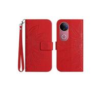 Etui FOXDOCK pour VIVO V50 5G Sunflower en relief de portefeuille en cuir en relief avec support de carte compatible avec VIVO V50 5G-Rouge