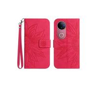 Etui FOXDOCK pour VIVO V50 5G Sunflower en relief de portefeuille en cuir en relief avec support de carte compatible avec VIVO V50 5G-Rose rouge