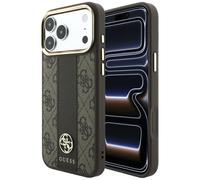 Étui Guess 4G avec logos ronds et classiques à rayures, compatible MagSafe, pour iPhone 18 Pro / 17 Pro, marron
