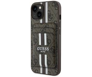 Étui Guess 4G Stripes avec portefeuille Magsafe pour iPhone 15 marron