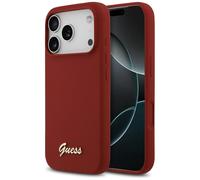 Étui Guess en silicone avec logo métallique Script et MagSafe pour iPhone 17 Pro, couleur magenta