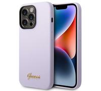 Étui Guess en silicone Vintage Gold Logo pour iPhone 14 Pro Max, violet