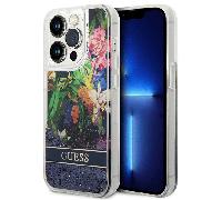 Étui Guess Flower Liquid Glitter pour iPhone 14 Pro Max, bleu