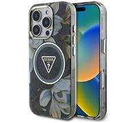 Etui Guess Glitter Flowers Triangle Buttons MagSafe do iPhone 16 Pro czarny