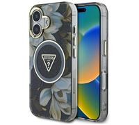 Étui Guess Glitter Flowers Triangle Buttons MagSafe pour iPhone 16 noir