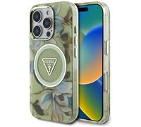 Étui Guess Glitter Flowers Triangle Buttons MagSafe pour iPhone 16 Pro vert