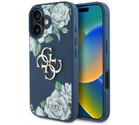 Étui Guess Grained Roses Big 4G logo pour iPhone 16 bleu